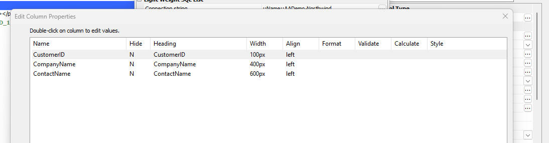 Light Weight List example with the first column hidden